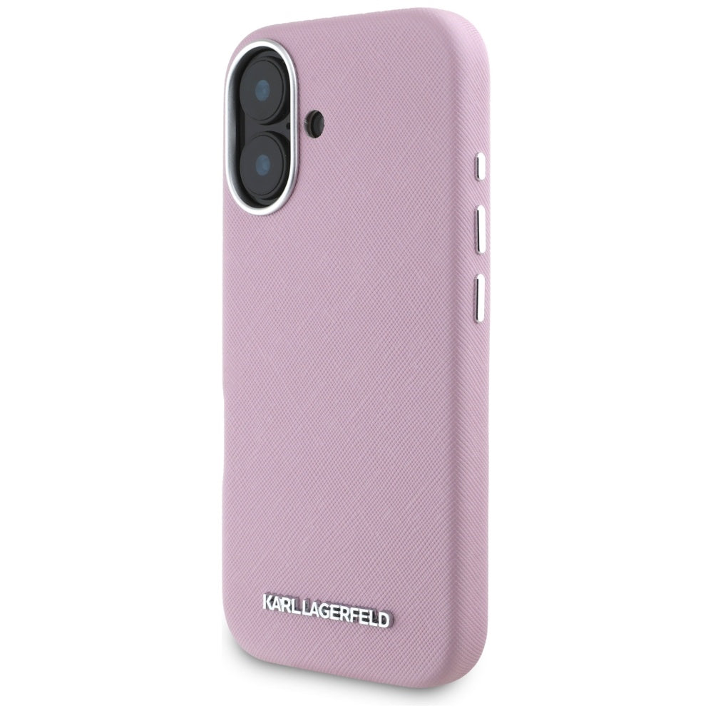 Futrola MagSafe za Apple iPhone 16, Karl Lagerfeld, Saffiano Full Wrapped Elongated Metal Logo, Roze