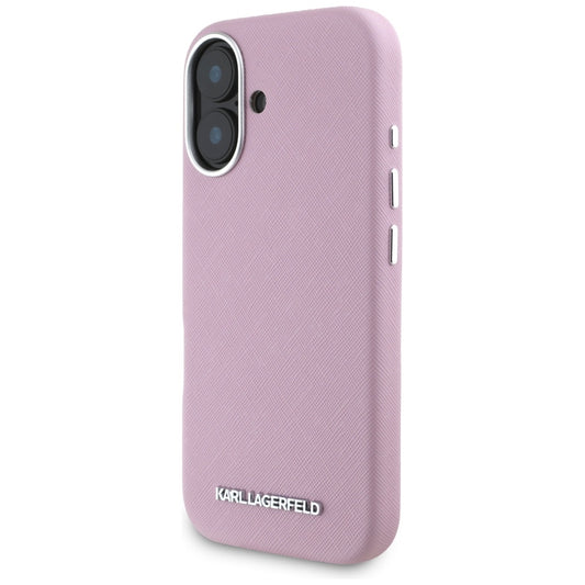 Futrola MagSafe za Apple iPhone 16, Karl Lagerfeld, Saffiano Full Wrapped Elongated Metal Logo, Roze