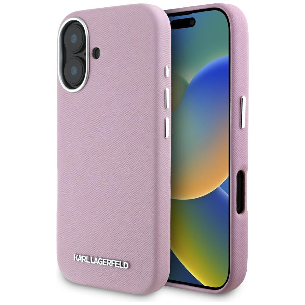 Futrola MagSafe za Apple iPhone 16, Karl Lagerfeld, Saffiano Full Wrapped Elongated Metal Logo, Roze