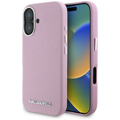 Futrola MagSafe za Apple iPhone 16, Karl Lagerfeld, Saffiano Full Wrapped Elongated Metal Logo, Roze