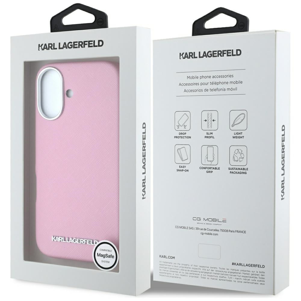Futrola MagSafe za Apple iPhone 16, Karl Lagerfeld, Saffiano Full Wrapped Elongated Metal Logo, Roze