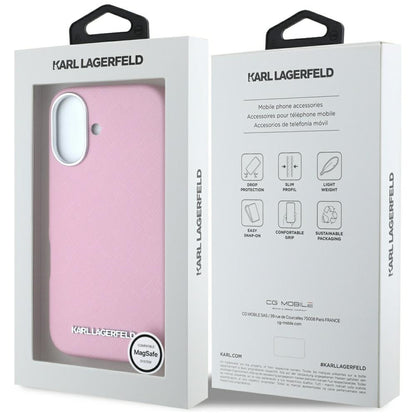 Futrola MagSafe za Apple iPhone 16, Karl Lagerfeld, Saffiano Full Wrapped Elongated Metal Logo, Roze