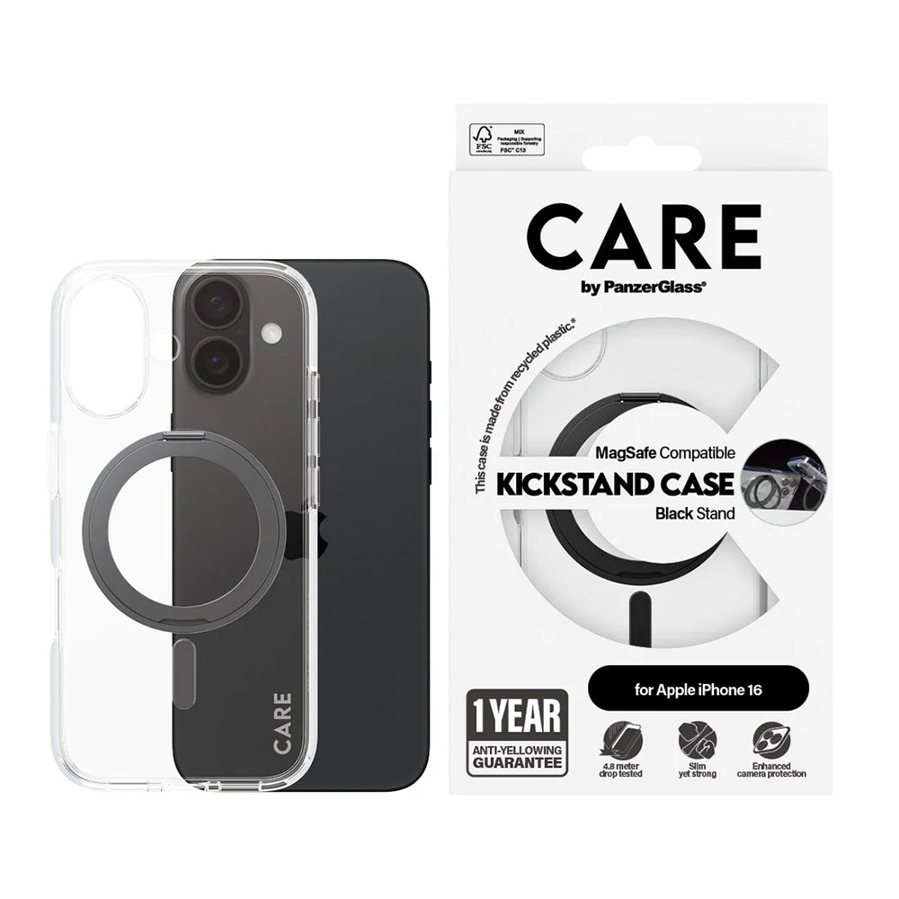Futrola MagSafe za Apple iPhone 16, PanzerGlass, Care Feature Kickstand, Crna Transparentna