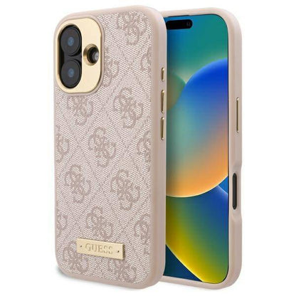 Husa MagSafe za Apple iPhone 16 Plus, Guess, 4G Logo Plate, Roze