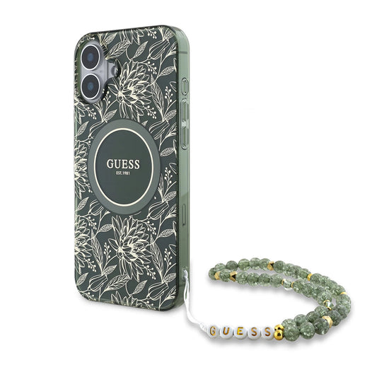 Husa MagSafe za Apple iPhone 16 Plus, Guess, IML Flowers Allover Electroplated with Pearl Strap, Zelena