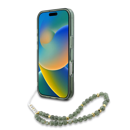 Husa MagSafe za Apple iPhone 16 Plus, Guess, IML Flowers Allover Electroplated with Pearl Strap, Zelena