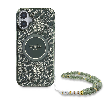 Husa MagSafe za Apple iPhone 16 Plus, Guess, IML Flowers Allover Electroplated with Pearl Strap, Zelena