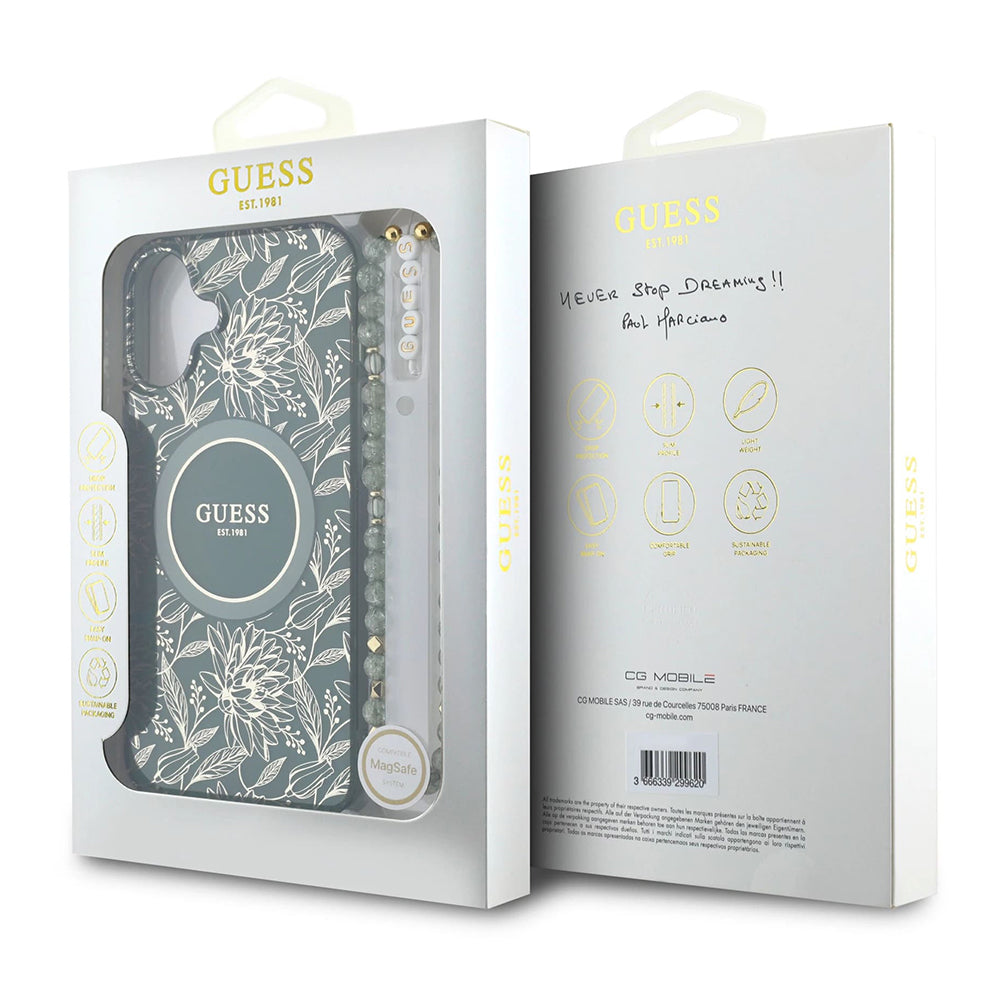 Husa MagSafe za Apple iPhone 16 Plus, Guess, IML Flowers Allover Electroplated with Pearl Strap, Zelena