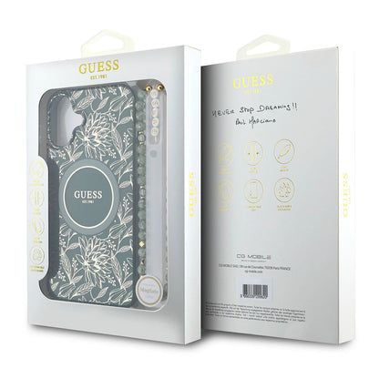 Husa MagSafe za Apple iPhone 16 Plus, Guess, IML Flowers Allover Electroplated with Pearl Strap, Zelena