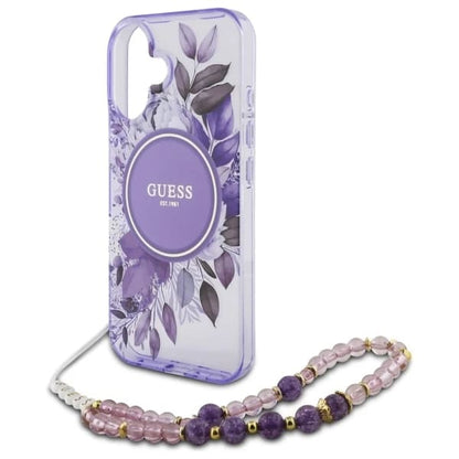 Husa MagSafe za Apple iPhone 16 Plus, Guess, IML Flowers with Pearl Strap, Ljubičasta