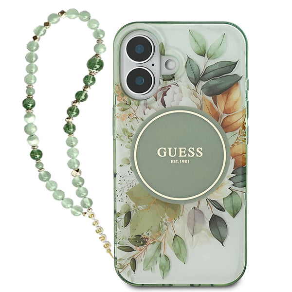 Husa MagSafe za Apple iPhone 16 Plus, Guess, IML Flowers with Pearl Strap, Zelena