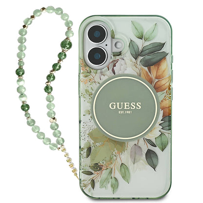 Husa MagSafe za Apple iPhone 16 Plus, Guess, IML Flowers with Pearl Strap, Zelena
