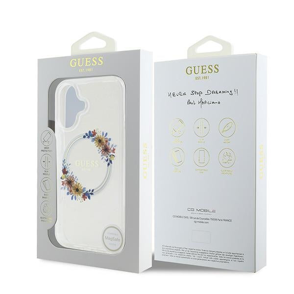 Futrola MagSafe za Apple iPhone 16 Plus, Guess, IML Flowers Wreath, Transparentna