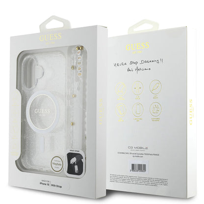 Futrola MagSafe za Apple iPhone 16 Plus, Guess, IML Glitter sa Perl Trakom, Transparentna