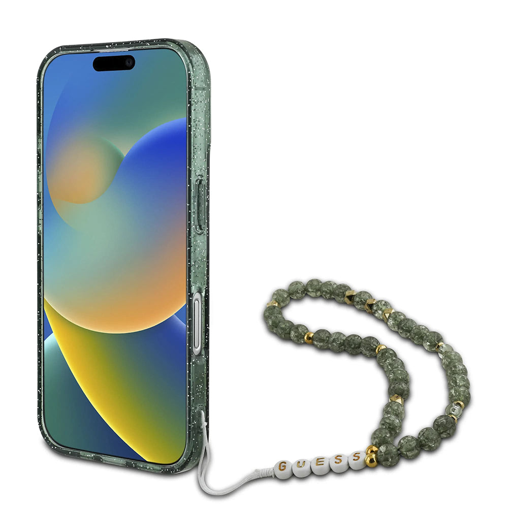 Husa MagSafe za Apple iPhone 16 Plus, Guess, IML Glitter with Pearl Strap, Zelena
