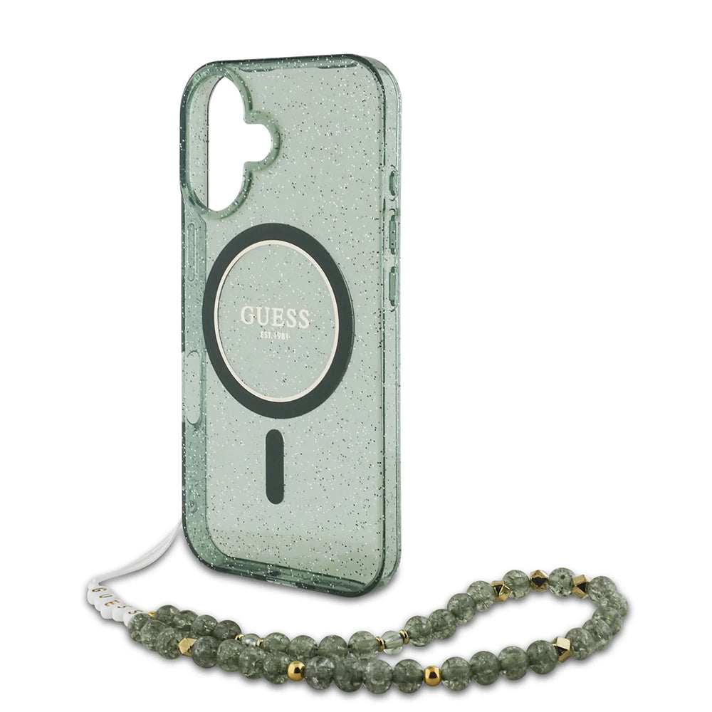 Husa MagSafe za Apple iPhone 16 Plus, Guess, IML Glitter with Pearl Strap, Zelena