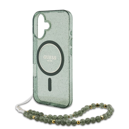 Husa MagSafe za Apple iPhone 16 Plus, Guess, IML Glitter with Pearl Strap, Zelena