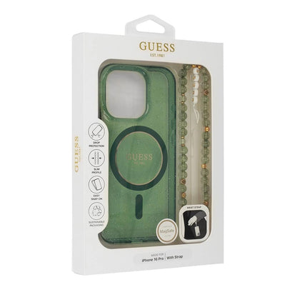 Husa MagSafe za Apple iPhone 16 Plus, Guess, IML Glitter with Pearl Strap, Zelena