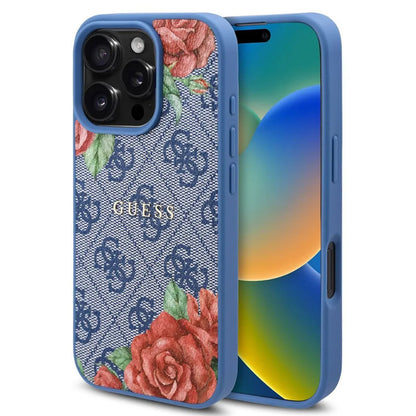 Husa MagSafe za Apple iPhone 16 Pro, Guess, 4G Flowers Print, Plava