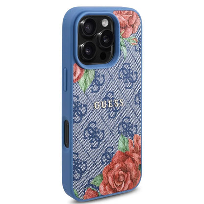Husa MagSafe za Apple iPhone 16 Pro, Guess, 4G Flowers Print, Plava