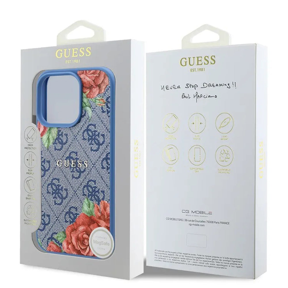 Husa MagSafe za Apple iPhone 16 Pro, Guess, 4G Flowers Print, Plava