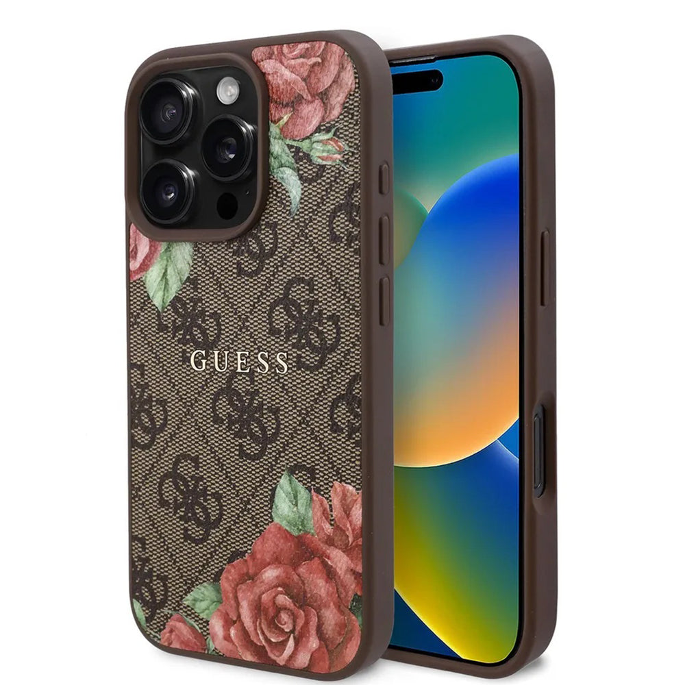 Futrola MagSafe za Apple iPhone 16 Pro, Guess, 4G Flowers Print, Braon