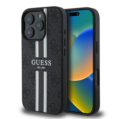 Husa MagSafe za Apple iPhone 16 Pro, Guess, 4G Printed Stripes, Crna