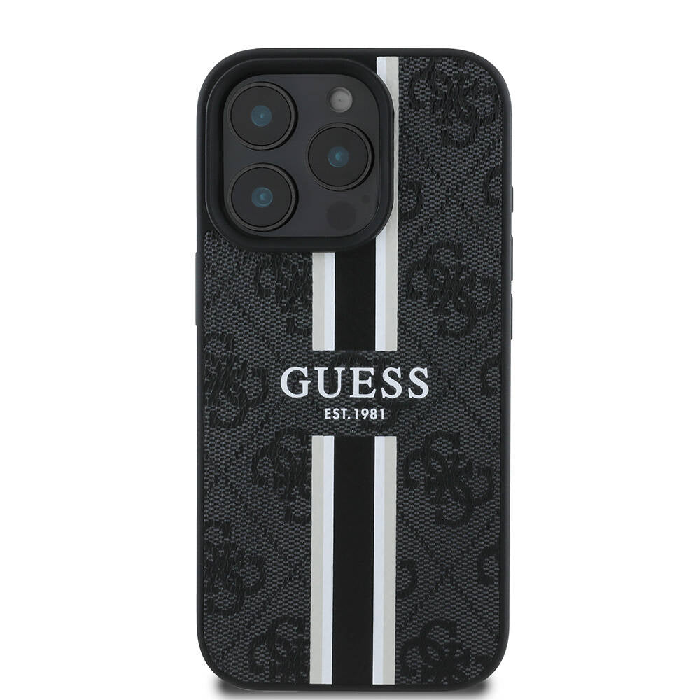 Husa MagSafe za Apple iPhone 16 Pro, Guess, 4G Printed Stripes, Crna