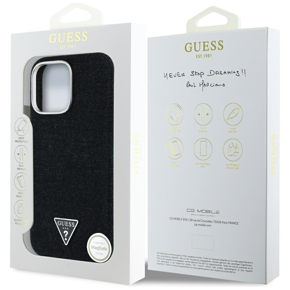 Futrola MagSafe za Apple iPhone 16 Pro, Guess, Denim Triangle Logo, Crna
