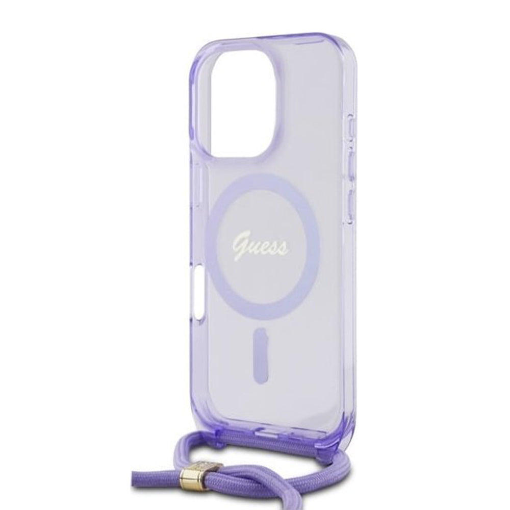 Husa MagSafe za Apple iPhone 16 Pro, Guess, IML Crossbody Cord Script, Ljubičasta