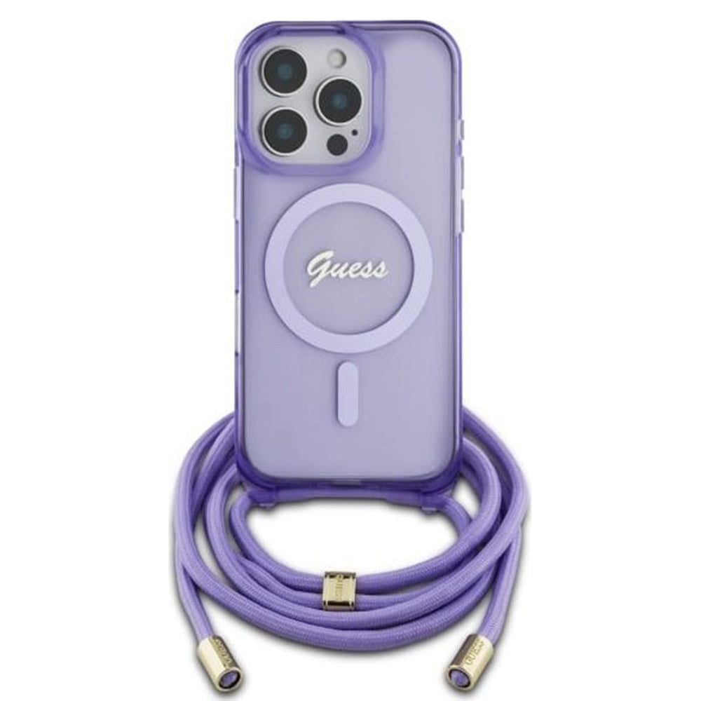 Husa MagSafe za Apple iPhone 16 Pro, Guess, IML Crossbody Cord Script, Ljubičasta