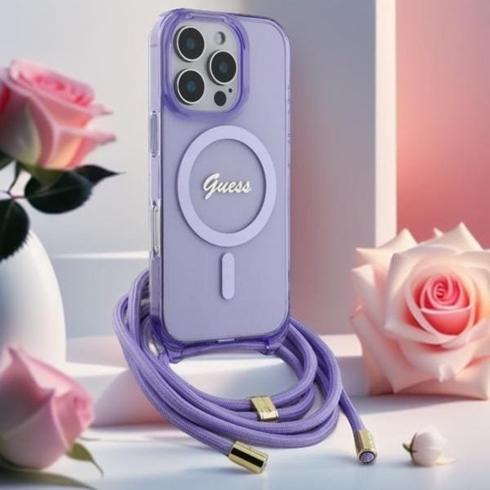 Husa MagSafe za Apple iPhone 16 Pro, Guess, IML Crossbody Cord Script, Ljubičasta