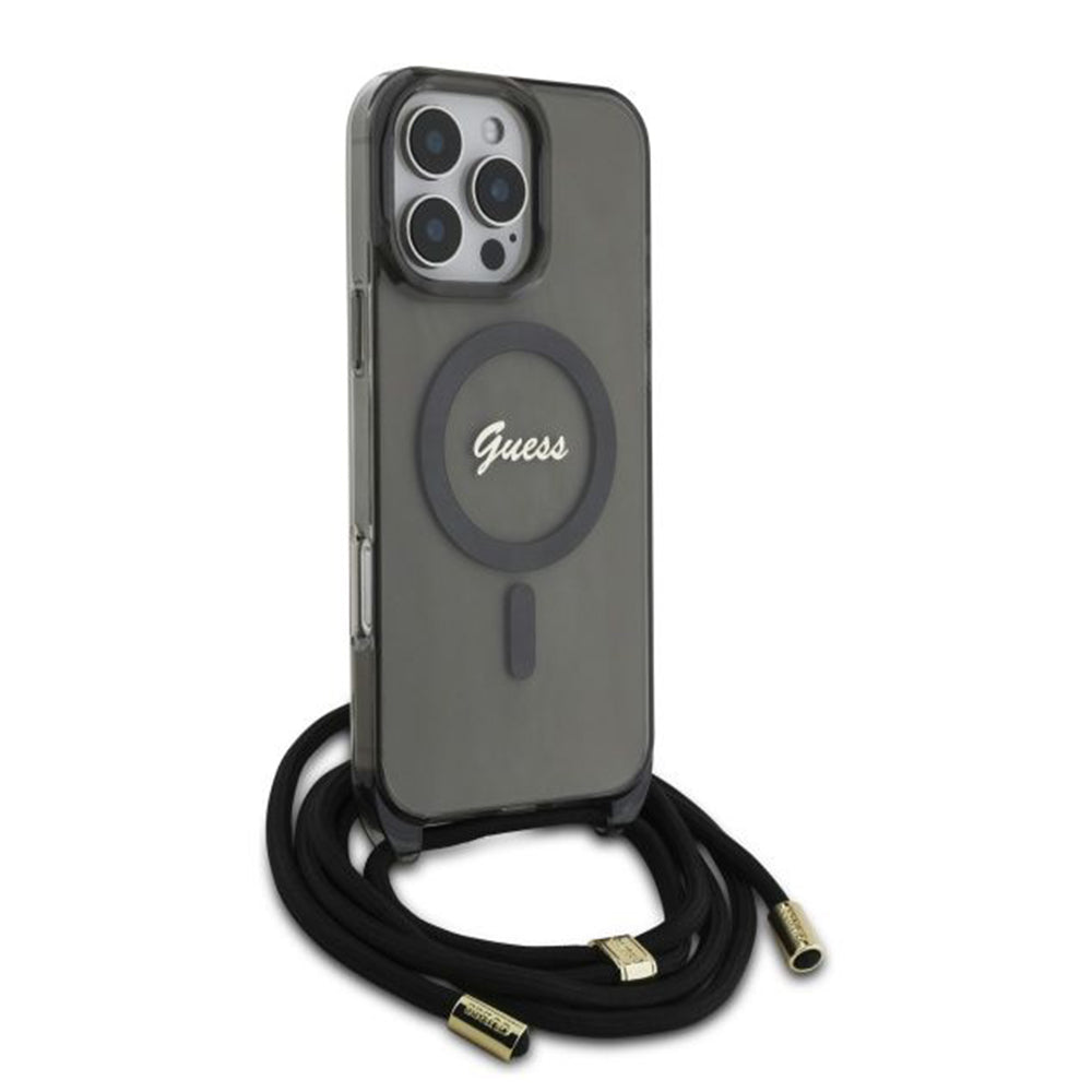 Futrola MagSafe za Apple iPhone 16 Pro, Guess, IML Crossbody Cord Script, Crna