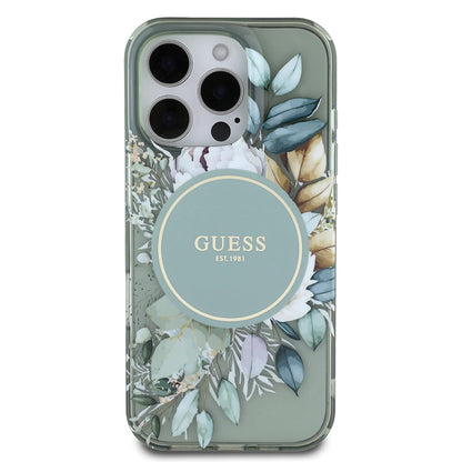 Husa MagSafe za Apple iPhone 16 Pro, Guess, IML Flower & Tonal Circle, Zelena