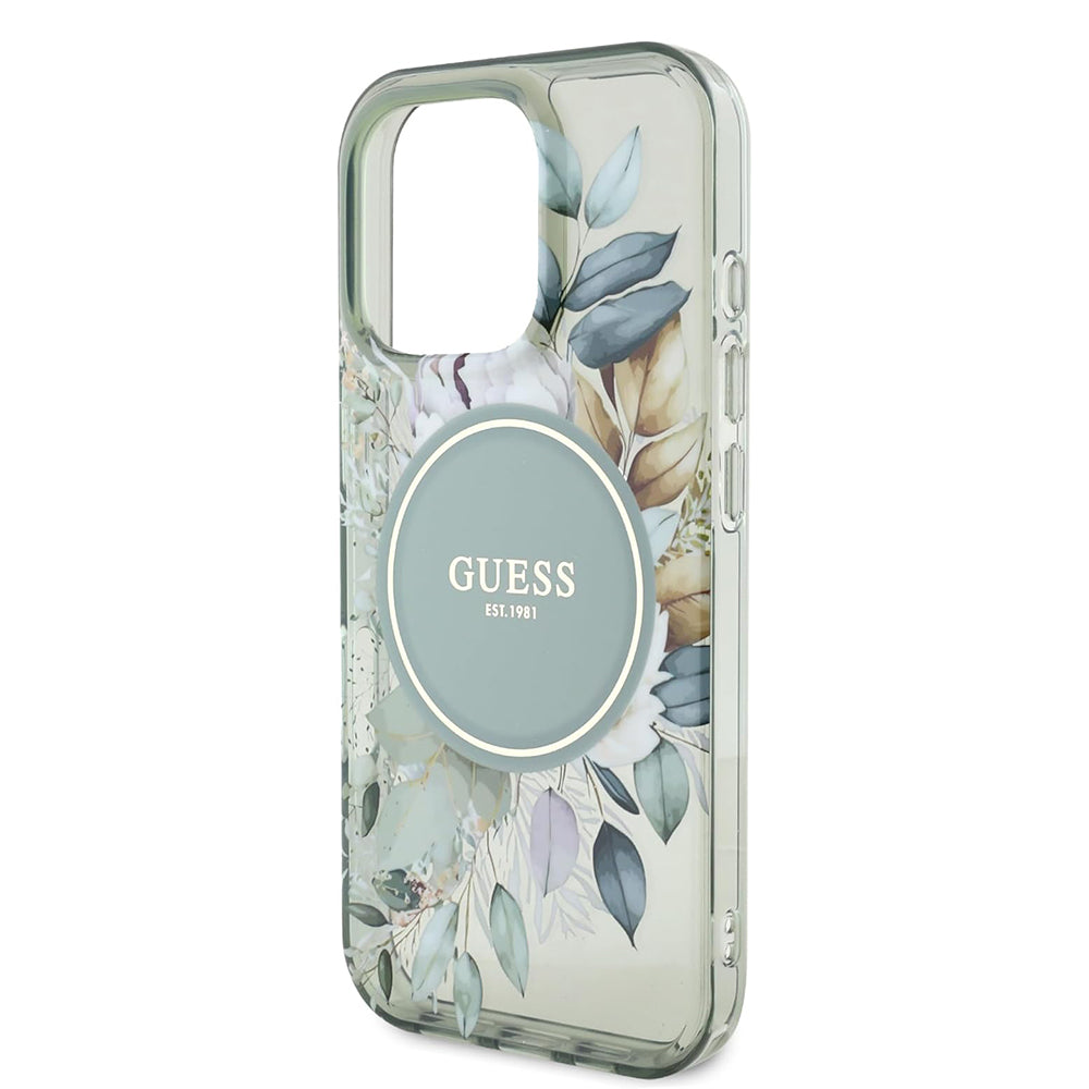 Husa MagSafe za Apple iPhone 16 Pro, Guess, IML Flower & Tonal Circle, Zelena