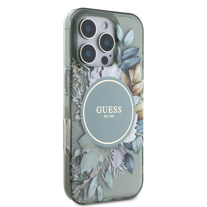 Husa MagSafe za Apple iPhone 16 Pro, Guess, IML Flower & Tonal Circle, Zelena