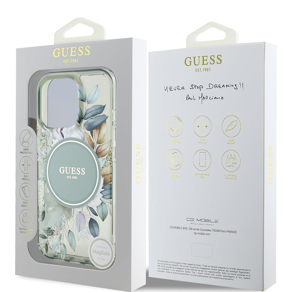 Husa MagSafe za Apple iPhone 16 Pro, Guess, IML Flower & Tonal Circle, Zelena
