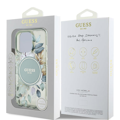 Husa MagSafe za Apple iPhone 16 Pro, Guess, IML Flower & Tonal Circle, Zelena