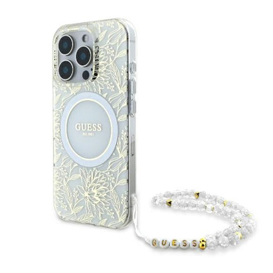 Husa MagSafe za Apple iPhone 16 Pro, Guess, IML Flowers Allover Electroplated with Pearl Strap, Bela