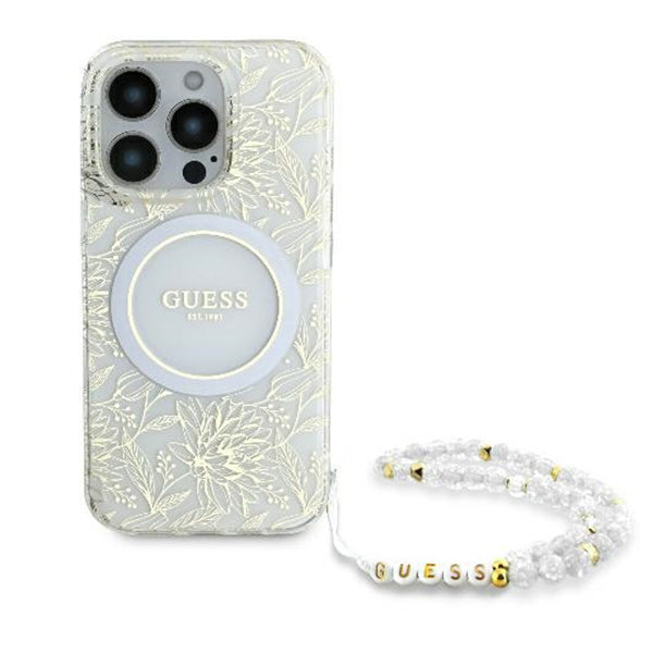 Husa MagSafe za Apple iPhone 16 Pro, Guess, IML Flowers Allover Electroplated with Pearl Strap, Bela