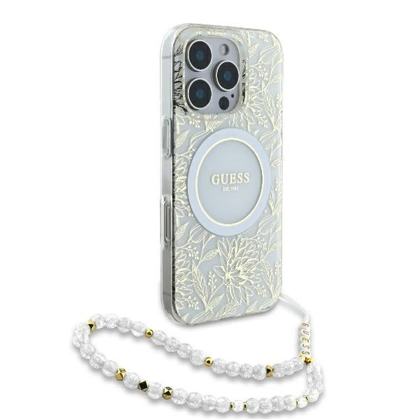 Husa MagSafe za Apple iPhone 16 Pro, Guess, IML Flowers Allover Electroplated with Pearl Strap, Bela