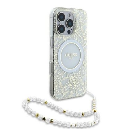 Husa MagSafe za Apple iPhone 16 Pro, Guess, IML Flowers Allover Electroplated with Pearl Strap, Bela