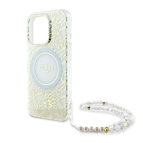 Husa MagSafe za Apple iPhone 16 Pro, Guess, IML Flowers Allover Electroplated with Pearl Strap, Bela