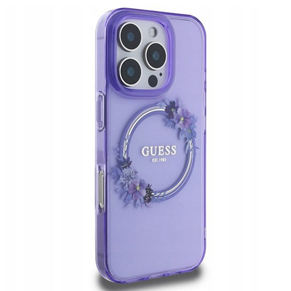 Futrola MagSafe za Apple iPhone 16 Pro, Guess, IML Flowers Wreath, Ljubičasta