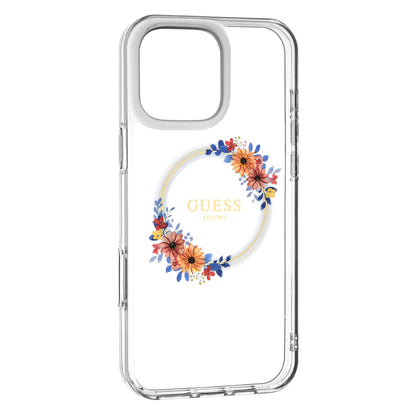 Futrola MagSafe za Apple iPhone 16 Pro, Guess, IML Flowers Wreath, Transparentna