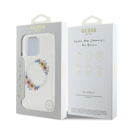 Futrola MagSafe za Apple iPhone 16 Pro, Guess, IML Flowers Wreath, Transparentna