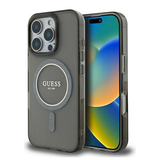 Husa MagSafe za Apple iPhone 16 Pro, Guess, IML Glitter Ring, Crna