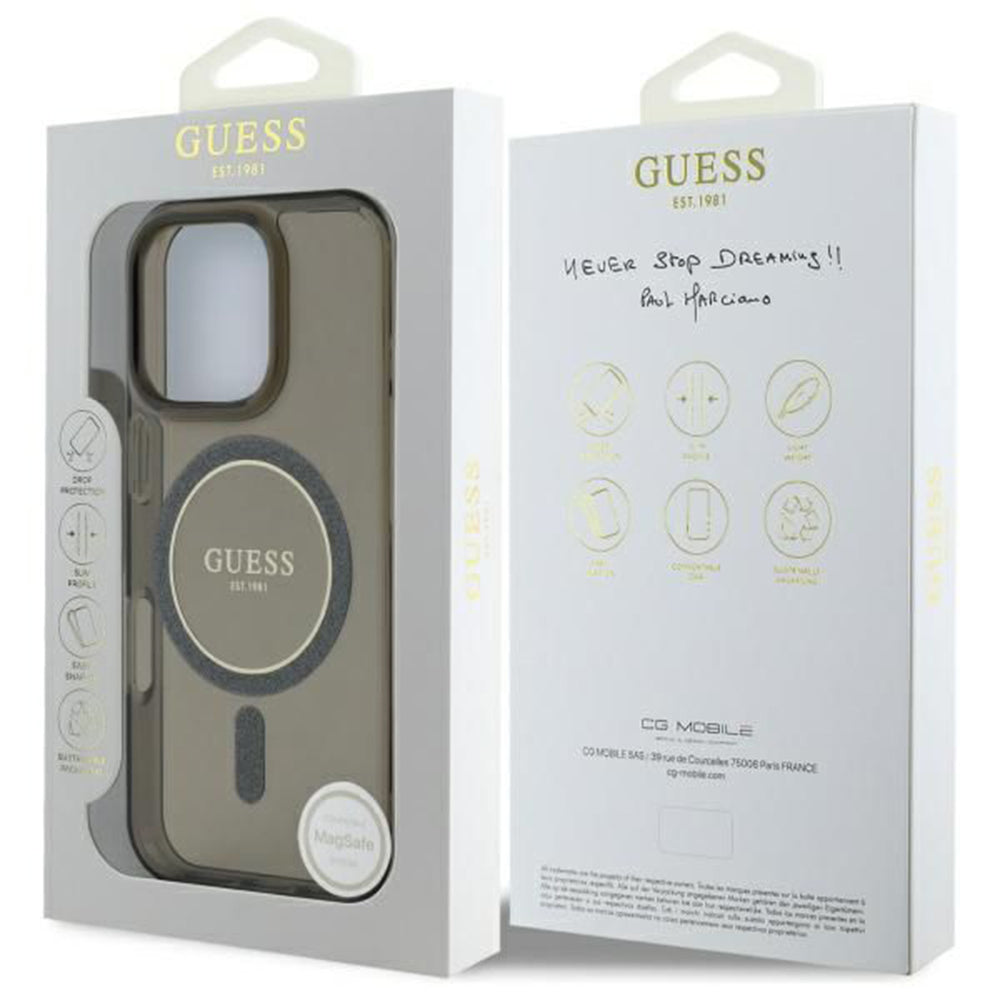 Husa MagSafe za Apple iPhone 16 Pro, Guess, IML Glitter Ring, Crna