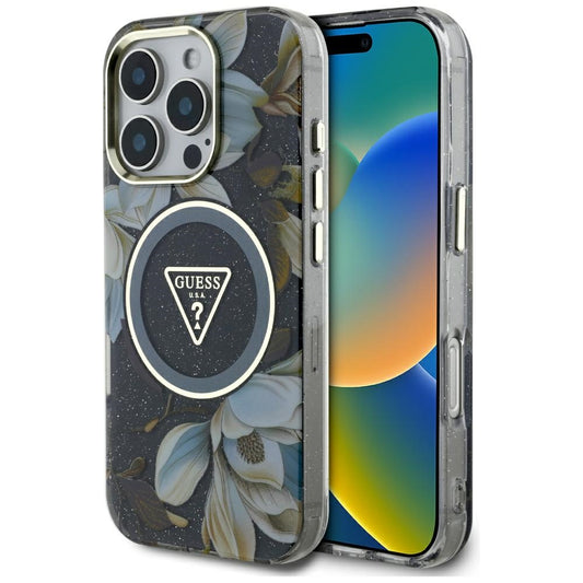 Futrola MagSafe za Apple iPhone 16 Pro, Guess, IML Metal Glitter Flowers Triangle, Crna