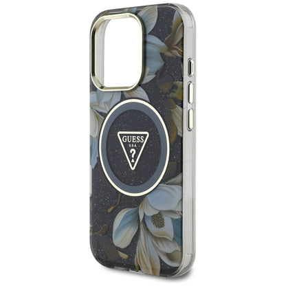 Futrola MagSafe za Apple iPhone 16 Pro, Guess, IML Metal Glitter Flowers Triangle, Crna